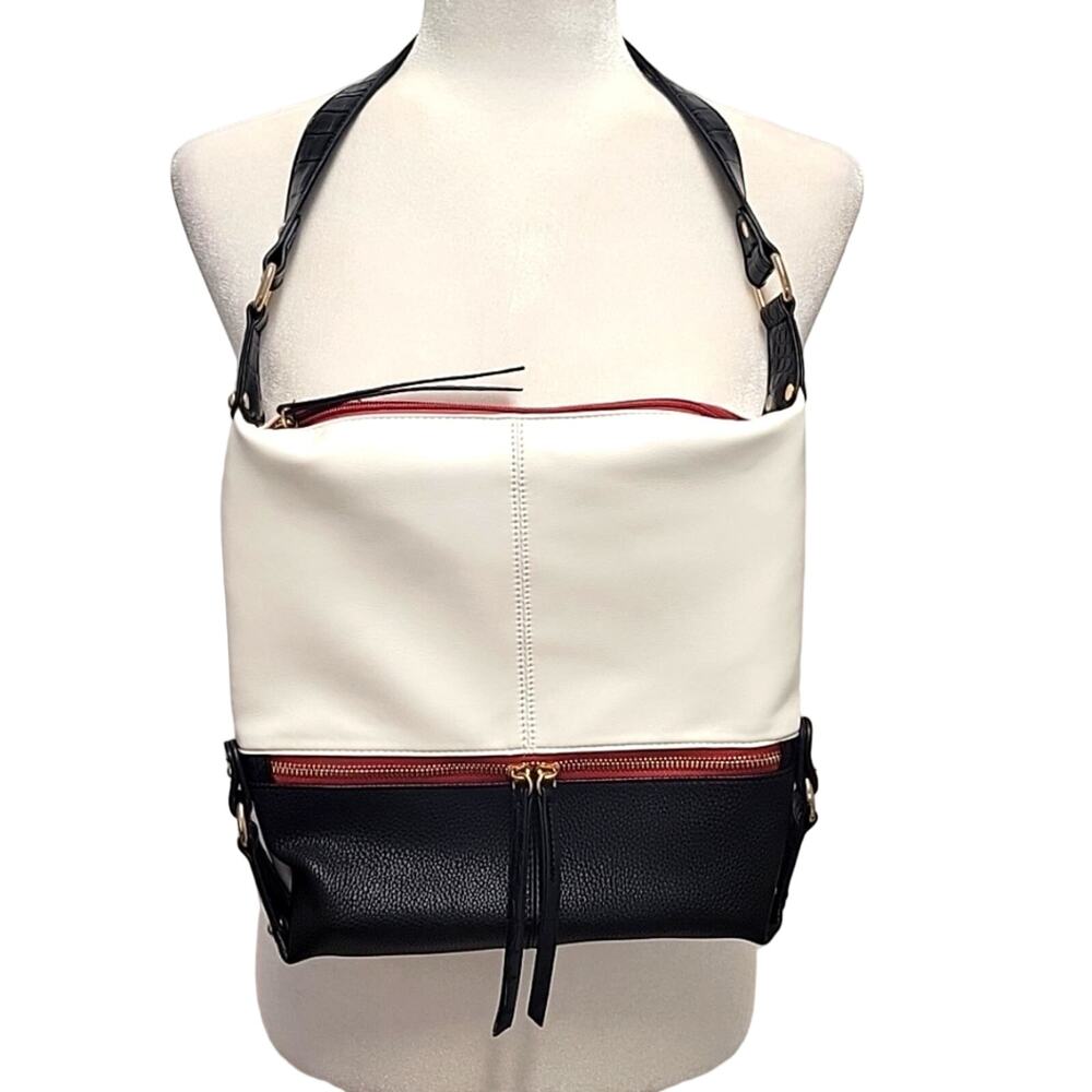 Sondra Roberts Squared Shoulder Bag Black White Maroon Rose Gold Accents